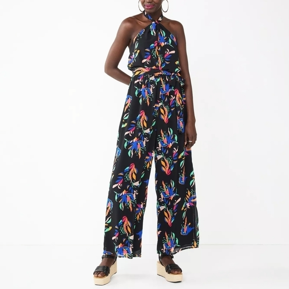 Women's Nine West Twist Front Black Floral Halter Jumpsuit XS